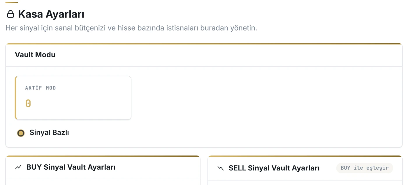 DigiStratium Kasa Ayarları ekranı: vault modu ve BUY/SELL sinyal başına maksimum ayarları